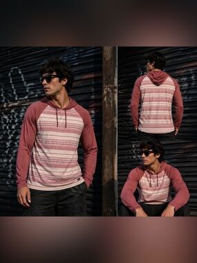 RVCA Striped Hoodie XXL Red Cream Lightweight Boho Streetwear